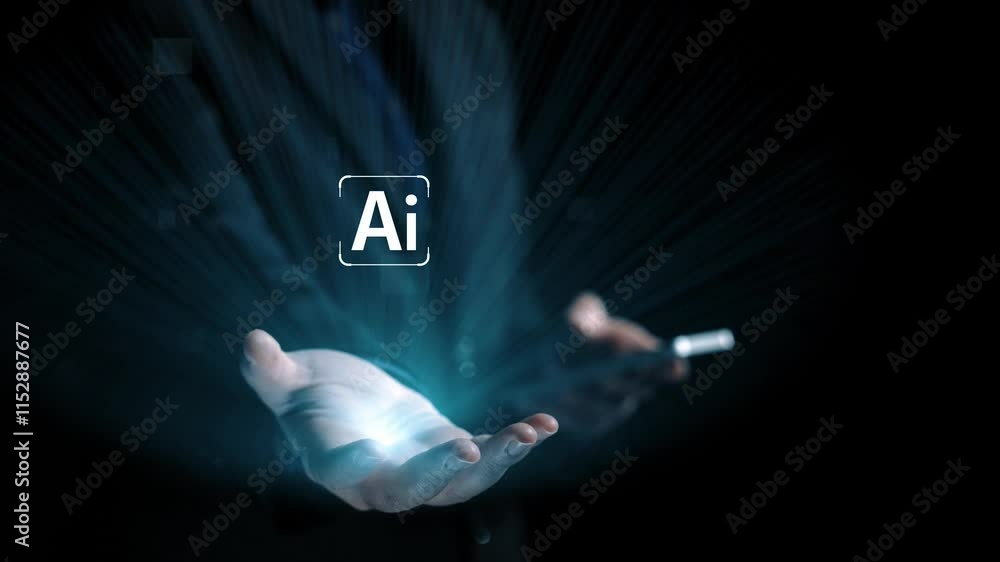 Poster human interact with ai artificial intelligence brain processor in concept of ai artificial intellige