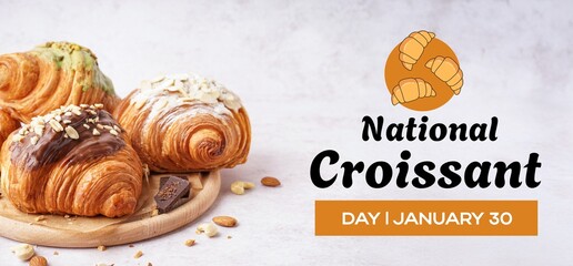 Different sweet croissants on white background. Banner for National Croissant Day