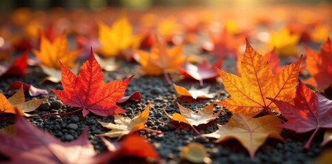 Colorful spring leaves scattered across the ground, spring, colored leaves