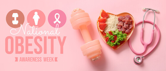 Plate with fresh healthy products, dumbbell and stethoscope on pink background. Diet concept