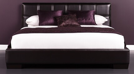Elegant Dark Purple Leather Bed with White Linens and Pillows