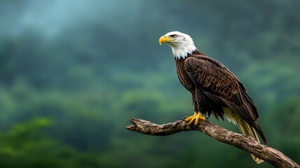 Obraz premium A majestic bald eagle perches on a branch, showcasing its striking features against a misty, green background.