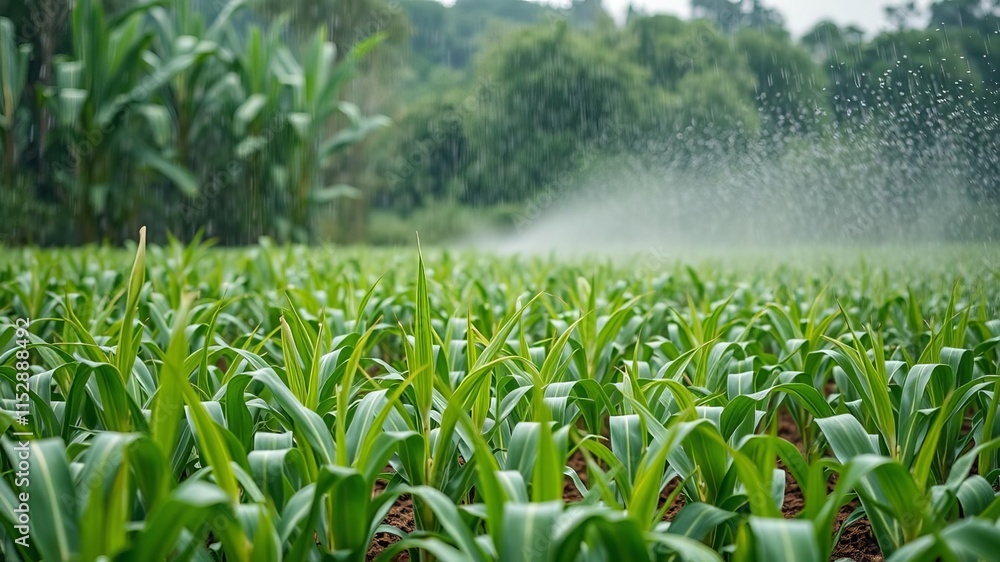 Wall mural Close up of rainwater drops falling on a field of green corn sprouts, illustrating the concept of agriculture irrigation in a sustainable business setting, farming, eco-friendly