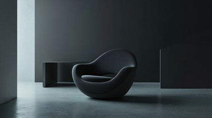 A modern, minimalist lounge chair in a dark, spacious interior setting.