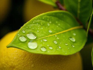 Fototapeta premium Close up of raindrops on a lemon leaf, showcasing the fresh and juicy beauty of a tree leaf in the summer and spring, close up, water