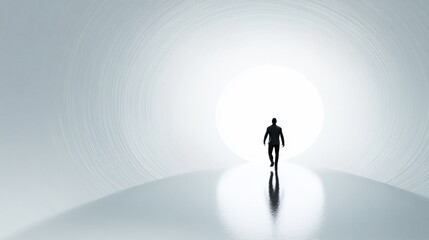 Minimalist representation of time traveler stepping through a portal with a white background embodying the concept of time manipulation and parallel universes