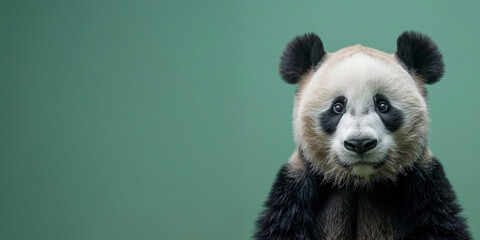 Obraz premium Panda bear on green background. Animal wildlife. Nature conservation, zoo. Copy space. Banner, poster for print, design.
