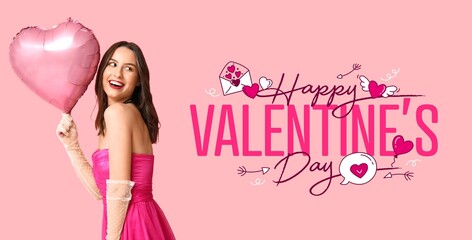 Beautiful young woman with heart-shaped balloon on pink background. Banner for Valentine's Day celebration