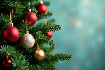 Evergreen branches adorned with glass spheres, festive decorations, Christmas tree