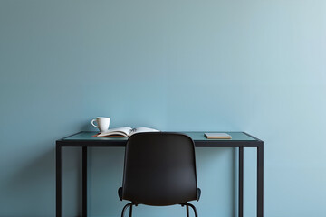 Minimalist Work Space with Serene Atmosphere Against Teal Wall