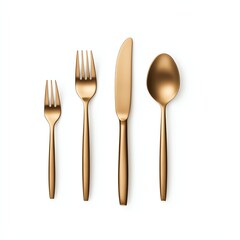 A set of elegant golden cutlery including a fork, knife, and spoon, arranged neatly against a minimalist white background.