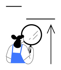 Woman holding magnifying glass closely examining details, upward arrow indicating progress and direction. Ideal for business analysis, growth, focus, progress, direction, research, attention to