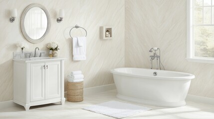 Fototapeta premium Elegant White Bathroom with Freestanding Tub and Vanity