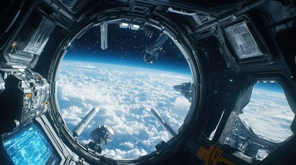 A futuristic spacecraft interior featuring a large window that frames a view of Earth from space.