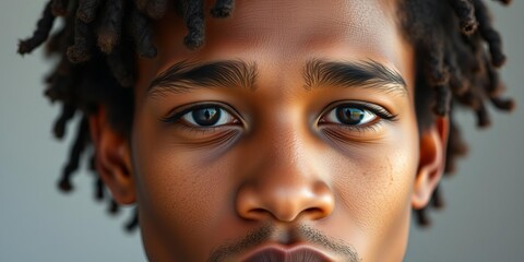 Close up shot of a biracial man's eyes and face showcasing the unique blend of his heritage, diversity, face