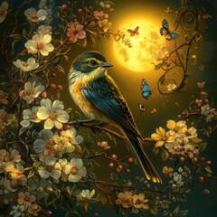Serene bird perched on flowering branch under a full moon, surrounded by butterflies.