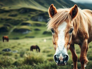 Obraz premium Close up shot of a stunning Icelandic horse grazing peacefully in a lush pasture in Hvalfjardarvegur, nature, close up