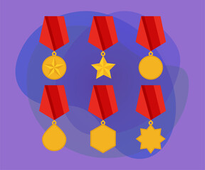 Military medals of different shapes vector illustrations set. Collection of cartoon drawings of gold medallions with red ribbons on purple background. Reward, army, achievement concept