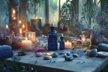 Mystical spa setting with essential oils, candles, flowers, and crystals.