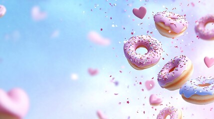 Colorful donuts with hearts and sprinkles floating in the air.