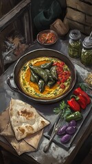 Rustic Kitchen Still Life: Hearty Meal of Stuffed Peppers, Hummus, and Flatbread