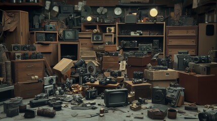 A cluttered workshop filled with vintage cameras, radios, and other electronics.