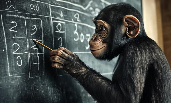 A young chimpanzee diligently solves math problems on a chalkboard.