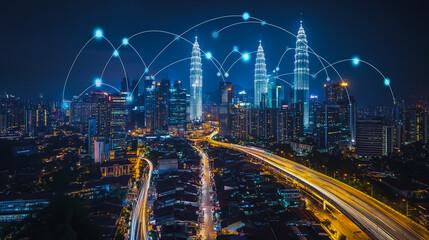 Smart digital city with connection cyber security network reciprocity over the cityscape . future smart wireless digital city and social media networking systems that connects people within the city