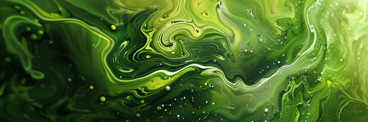 Fototapeta premium Green abstract fluid swirling with dots. Modern painting. Ecology, nature concept. For design, banner, poster. Close up.