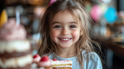 A child smiling ear-to-ear as they enjoy a giant slice of birthday cake at their party