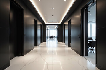 Modern Sleek Office Hallway with Elegant Lighting and Marble Floors