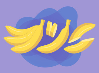 Obraz premium Whole banana and slices vector illustrations set. Collection of cartoon drawings of yellow fruit with peel cut in half on purple background. Food, nutrition, diet concept