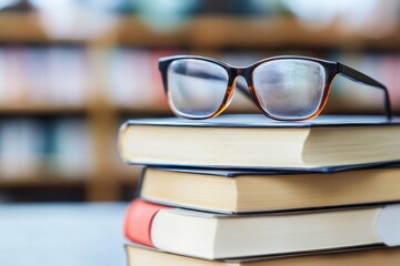 Eyeglasses resting on a stack of books in a library. (1)