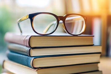 Eyeglasses resting on a stack of books. (4)