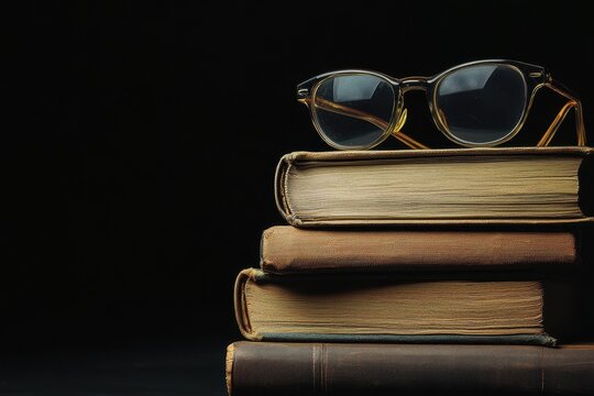 Old books and glasses on dark background.