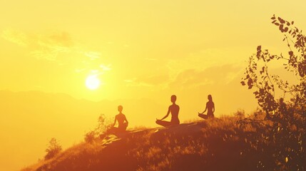 Three Silhouettes Meditate At Sunset On A Hilltop
