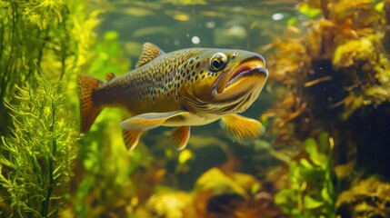 A brown trout swimming underwater, surrounded by clear blue water with bubbles rising to the surface.