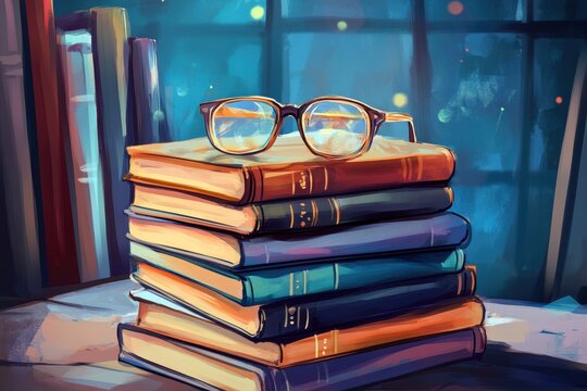 Glasses on a stack of books by a window at night. - Powered by Adobe