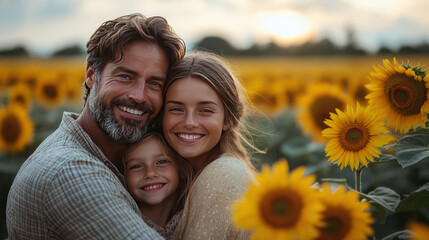 A happy family capturing a group hug during a visit to a sunflower field at sunset