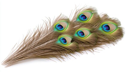 Obraz premium A vibrant display of peacock feathers, showcasing iridescent blue and green eye patterns, arranged in a fan-like formation.