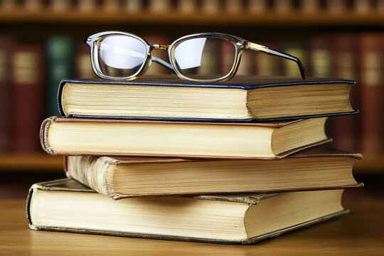 Eyeglasses resting on a stack of old books in a library. - Powered by Adobe