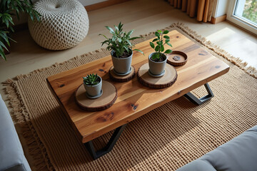 Rustic Wood Coffee Table with Potted Plants in Cozy Neutral Living Room