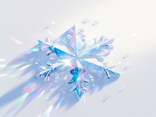 Crystal snowflake ornament catching rainbow light against a white background, message Prism of holiday cheer, epic composition, cinematic lighting, wide shot, copy space