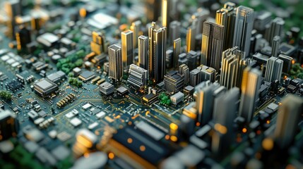 A close-up view of a circuit board designed to resemble a miniature cityscape,