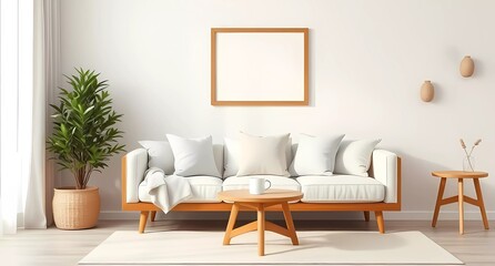 Fototapeta premium A bright and serene living room featuring a contemporary white sofa, wooden furniture, and stylish accessories blending natural tones to create an inviting ambience.
