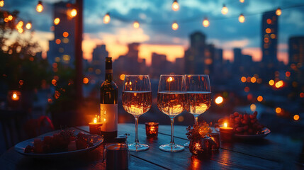 A rooftop party at night with string lights, music, and friends clinking glasses to celebrate