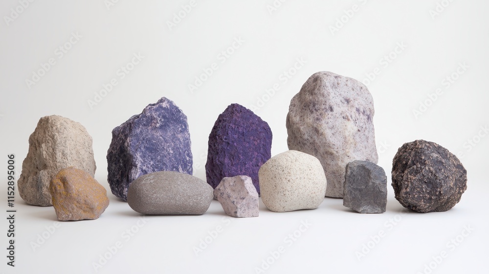 Poster a collection of various rocks displayed on a neutral background, showcasing diverse textures and col