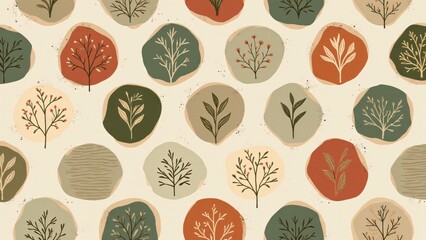Circles with natural details such as leaves and flowers in terracotta and moss green tones on a taupe background. Modern design ideal for elegant ecological projects.