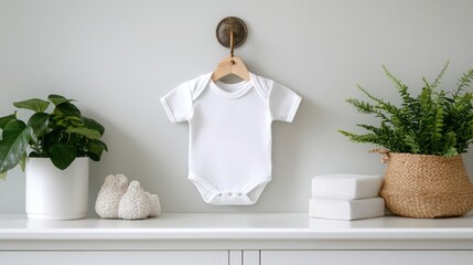 Baby bodysuit clothing mockup and stylish A minimalist display of a baby onesie, plants, and decor items.