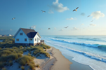 Serene Beach House with Soaring Seagulls Against Tranquil Ocean Waves